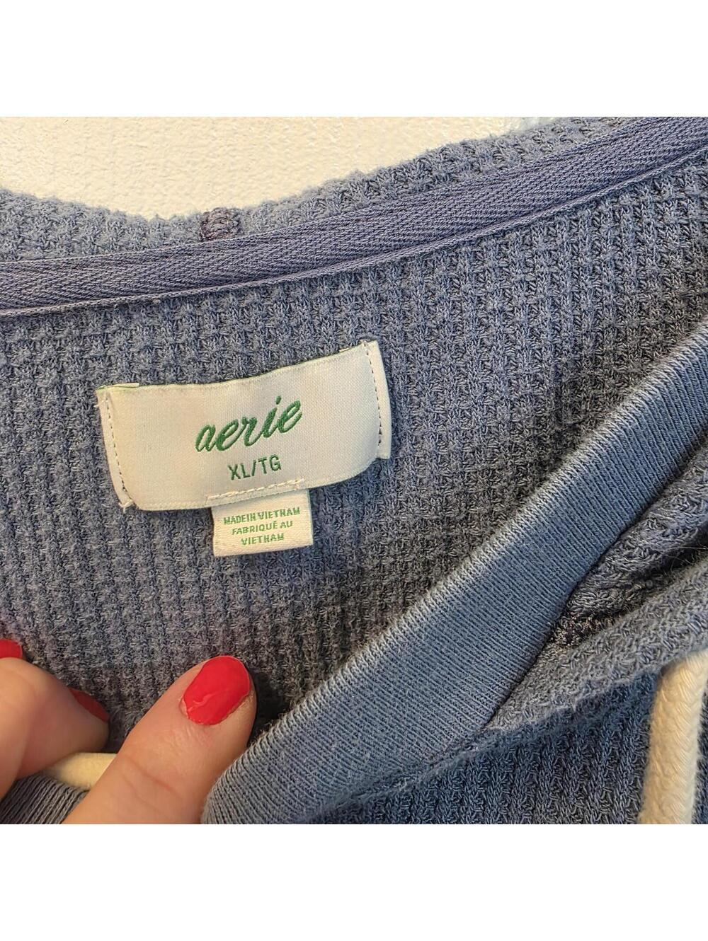 aerie Oversized Waffle Knit Hoodie Sweatshirt in Blue XL - Picture 2 of 6